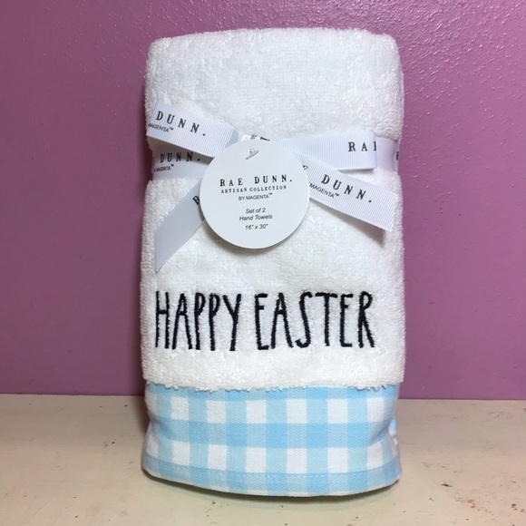 Rae Dunn NEW Happy Easter Blue White Towel 2pc Set
